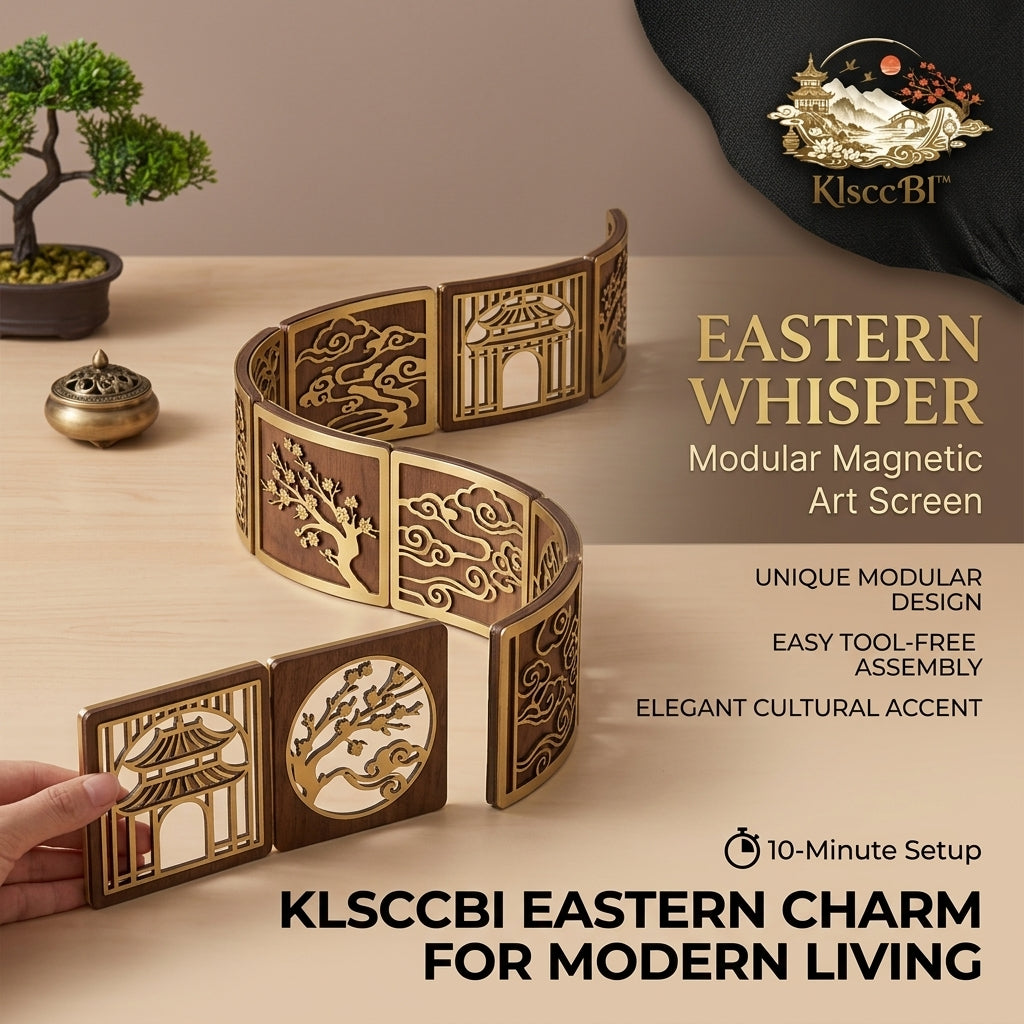 KlsccBI™ Eastern Whisper Modular Magnetic Art Screen | Tabletop Decorative Room Divider | Zen Style Wood & Brass Panel Screen for Home Office Desk Decor, Traditional Chinese Feng Shui Ornament, Easy Tool-Free Assembly Gift