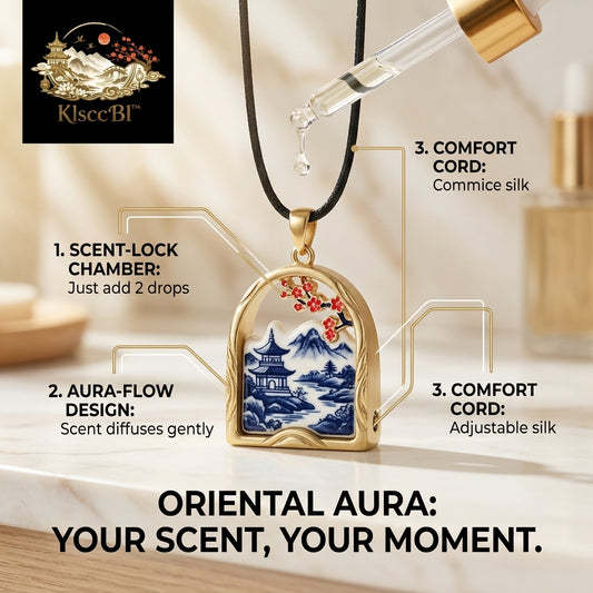 KlsccBl™ Oriental Aromatherapy Diffuser Necklace for Essential Oils | Vintage Blue and White Porcelain Pagoda Pendant | Adjustable Silk Cord Scent-Lock Jewelry | Elegant Zen Gift for Women