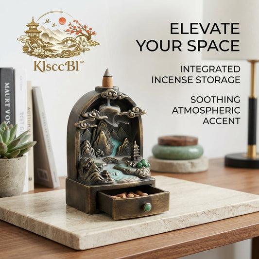KlsccBl™ Mountain Waterfall Backflow Incense Burner with Integrated Storage Drawer - Vintage Bronze Zen Incense Cone Holder, Soothing Aromatherapy Censer for Home Office Decor, Meditation & Relaxation Gift
