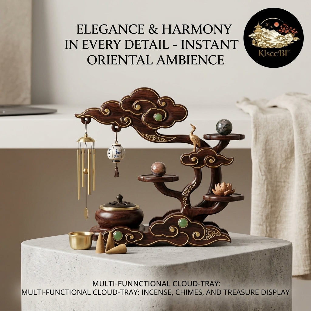 KlsccBI™ Zen Cloud Incense Burner & Display Stand – Elegant Oriental Home Decor with Wind Chimes, Lotus Ornament, and Treasure Tray – Perfect for Meditation, Aromatherapy, and Desk Decoration