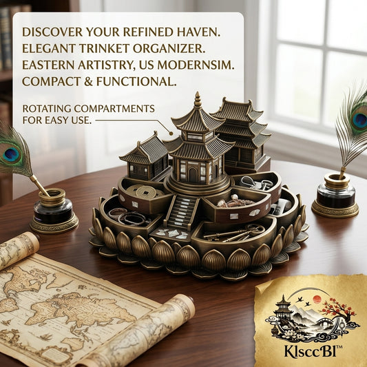 KlsccBl™ Vintage Pagoda Rotating Jewelry Box – Antique Bronze Lotus Trinket Organizer, Asian Temple Inspired Desk Storage for Rings, Earrings, Keys & Coins, Unique Oriental Home Decor Gift