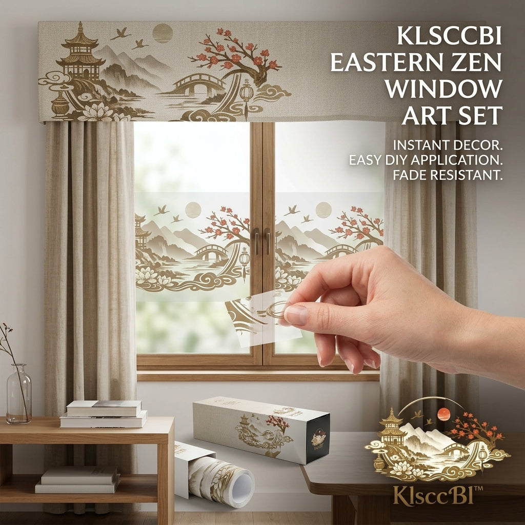 KlsccBl™ Eastern Zen Decorative Window Film Art Set - Static Cling Non-Adhesive Glass Decals, Traditional Asian Ink Landscape Pagoda & Cherry Blossom Privacy Window Sticker, Easy DIY Fade-Resistant Home Decor Accent