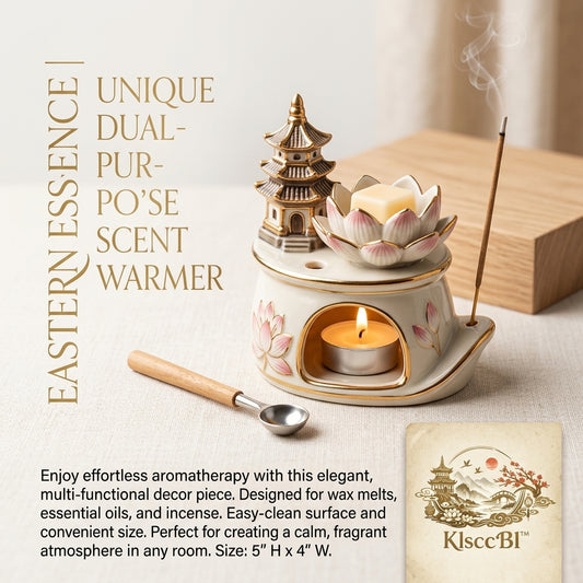 KlsccBl™ Ceramic Wax Melt Warmer & Incense Holder, 3-in-1 Dual-Purpose Lotus Tealight Essential Oil Burner with Incense Stick Holder & Wood Handle Spoon, Zen Pagoda Tabletop Decor for Spa Yoga Meditation, 5" H x 4" W
