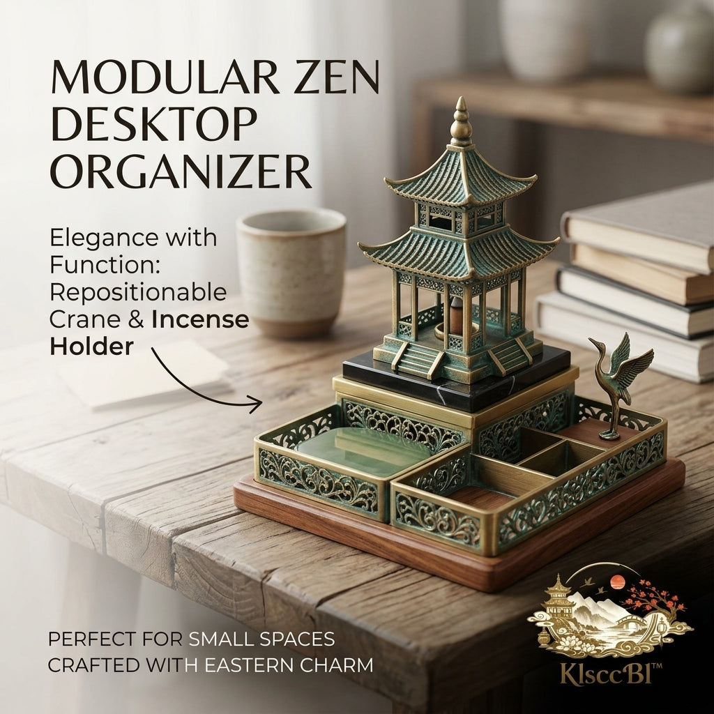 KlsccBl™ Modular Zen Desktop Organizer - Antique Brass Pagoda Incense Burner & Cone Holder with Repositionable Crane Figurine, Decorative Vanity Tray, Feng Shui Office Accessories and Zen Desk Decor