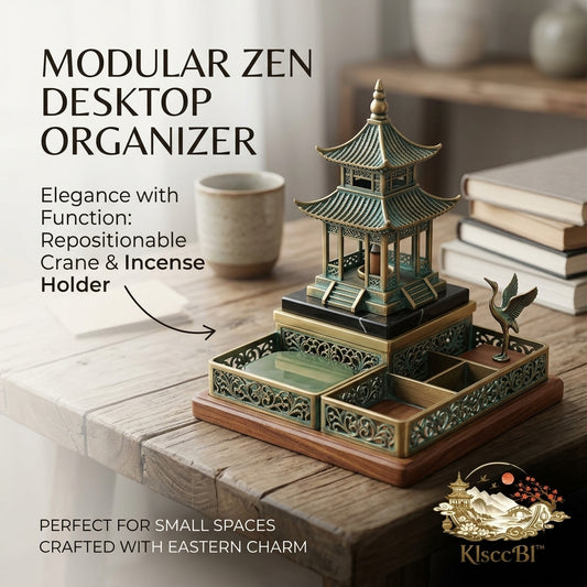 KlsccBl™ Modular Zen Desktop Organizer - Antique Brass Pagoda Incense Burner & Cone Holder with Repositionable Crane Figurine, Decorative Vanity Tray, Feng Shui Office Accessories and Zen Desk Decor